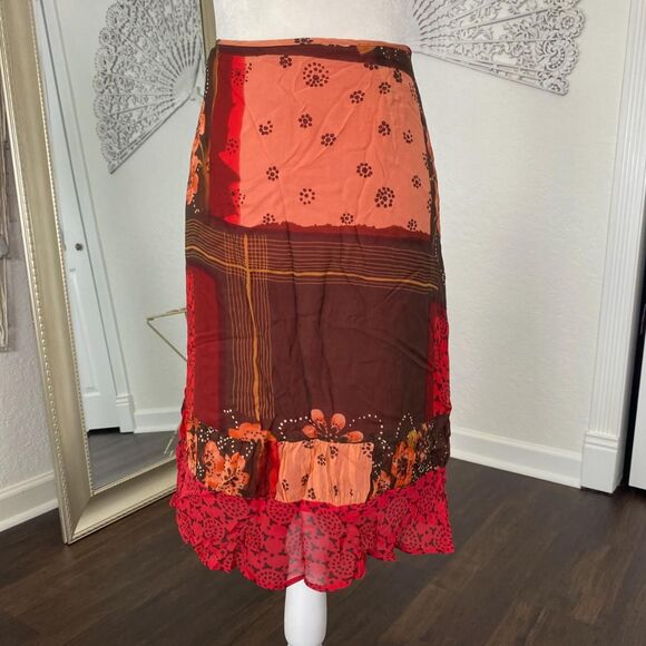 Orange Brown Red Fairy Floral Patchwork Silk Midi Skirt Plus Size 18 W - Picture 2 of 6